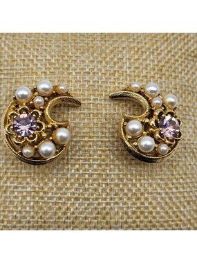 Stunning MCM Paisley Crescent rhinestone faux pearl clip earrings Bride Estate